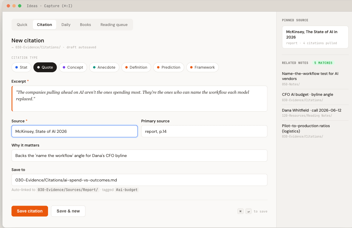 Citation capture app filing research into the vault