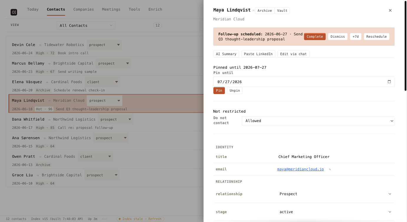 Contact profile showing lead score, history, and next touch